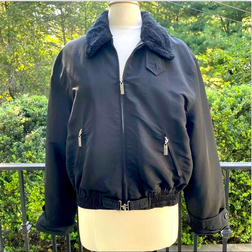 KAREN KANE VTG BOMBER JACKET short Black Large faux fur collar silver Puffer